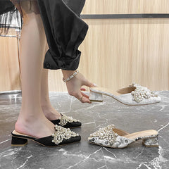 LBSFY -Pearl Half Slippers Women Shoe Autumn Rhinestone Chunky Mid Heel Slipper Sandals Fashion Muller Casual Versatile Single Shoes