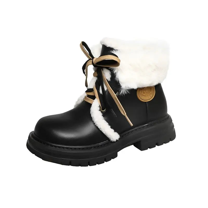 LBSFY  -   Genuine Leather Snow Boots Women Lace Up Solid Color Thick Fur Warm Winter Boots Ladies Fashion Ankle Boots Shoes