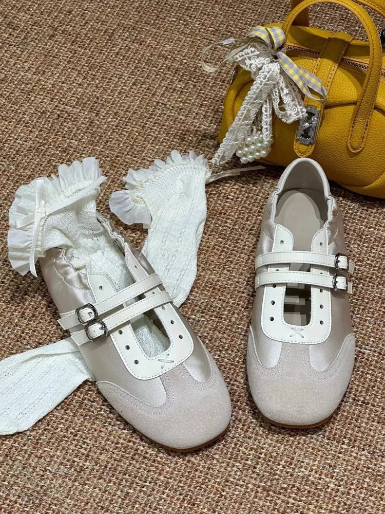 LBSFY -Silver Ballet Flats Women's Soft Leather Sport Mary Jane Ribbon Embellished Adult 1 Slip-on Casual Shoes