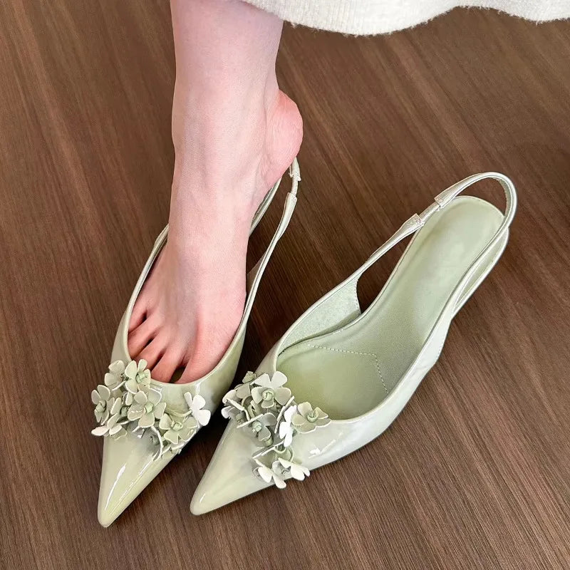 LBSFY -New Style Women's Spring Green Flower Pointed Elegant High Heels for Women Fashion Shallow Mouth Slingbacks Sandals Casual Pumps