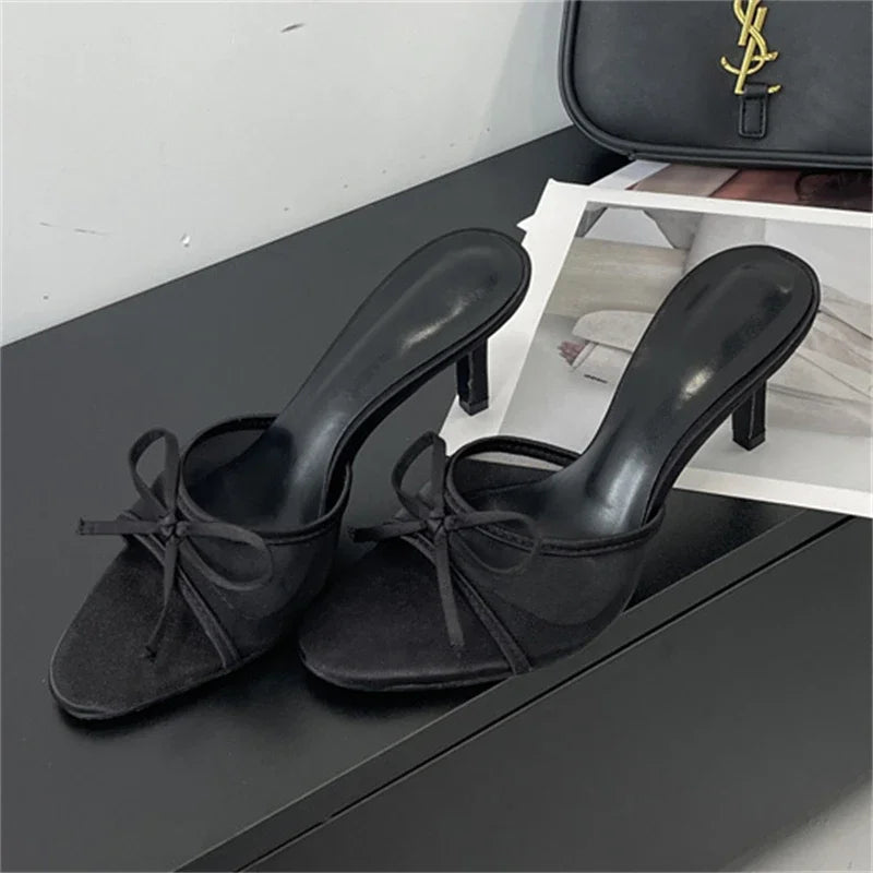 LBSFY -Fashion Butterfly-knot Breathable Holes Mesh Open Toe Woman Slippers Summer Thin High Heels Party Dress Shoes