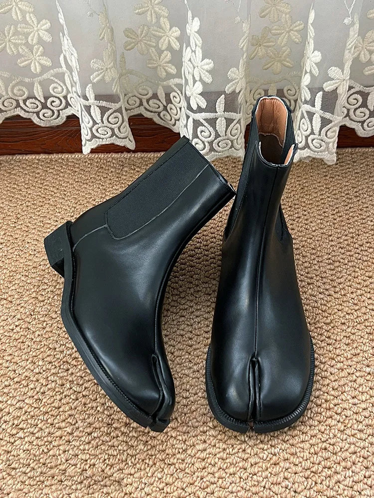 LBSFY  -  Women Chelsea Boots Tabis Toe Shoes Ankle Round Heel Black Pu Leather 2024 New Fashion Autumn Split Toe Boots