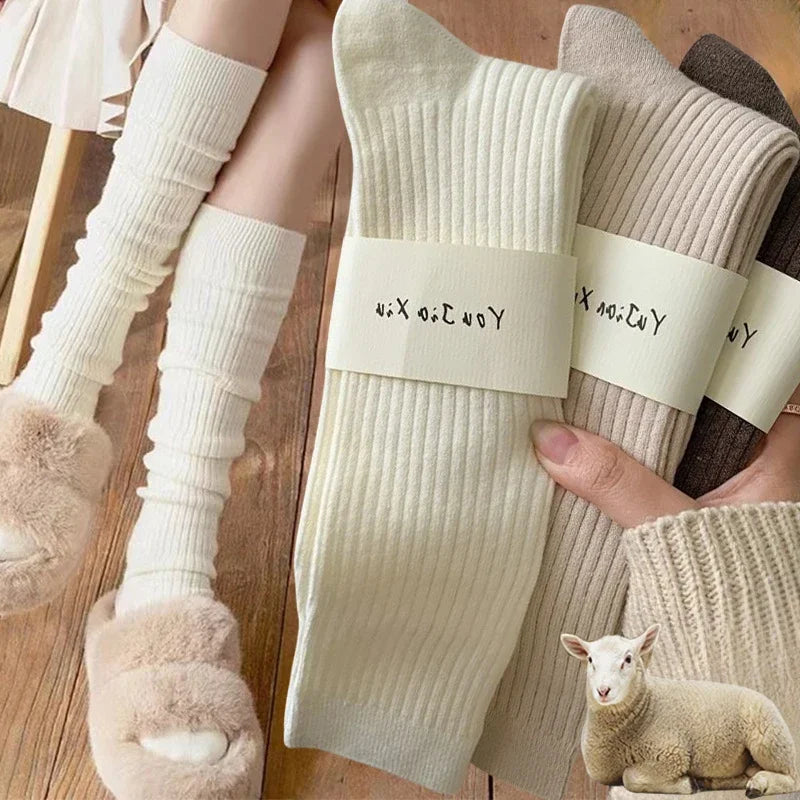 Lbsfy Soft Wool Long Socks Women Autumn Winter Cashmere Solid Knitted Stocking Skinny Casual Knee High Fluffy Warm Thicken Girls Socks