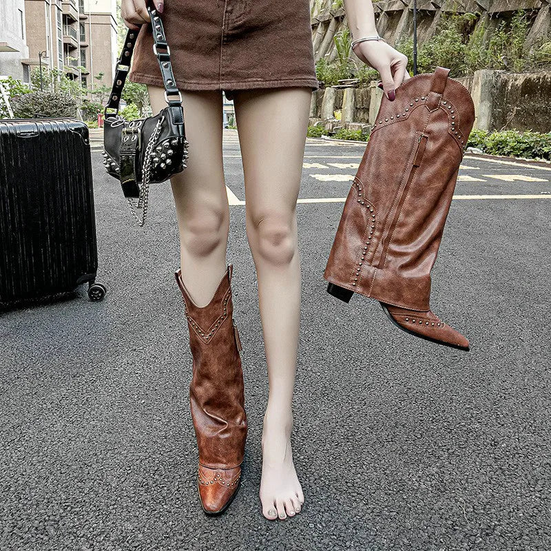 LBSFY  -  Retro Pointy Western Cowhide Leather Boots Women's New Brown Riveted Pant Boots All Match Chunky Heel Thigh-high Tide Boot