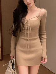 LBSFY -Elegant Knitted Dresses for Women Fashion Chic Long Sleeve Lace-up Evening Party Mini Dress Female One Piece Casual Vestidos New
