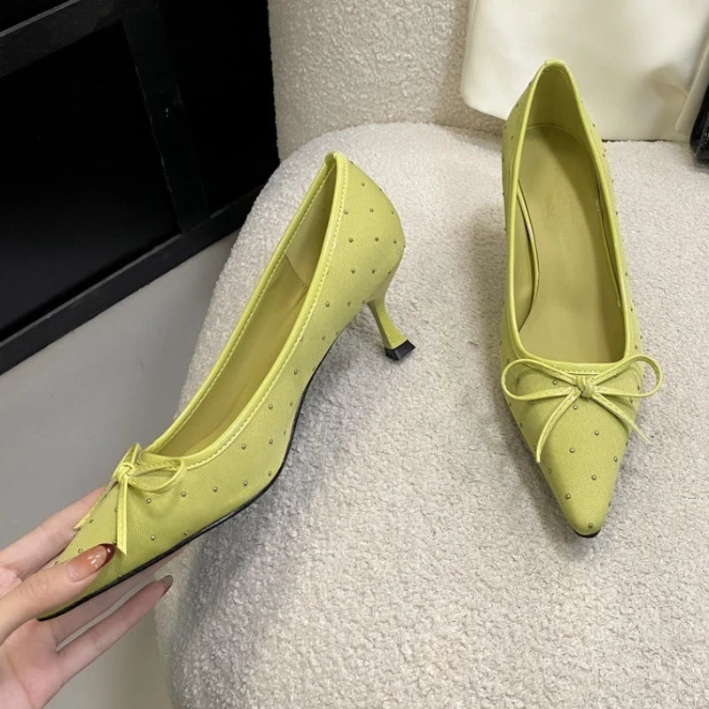 Lbsfy Fashion Elegant High Heels Women Butterfly-knot Pointed Toe Shallow Dress Shoes Comfort Low Heel Office Shoes Zapatos De Mujer