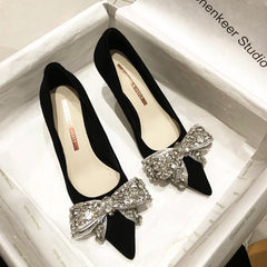 LBSFY -New Fashion Bowknot Pointed Toe High Heels Pumps Women's Stiletto White Pearl Bridal Wedding Shoes Banquet Party Dress Shoes