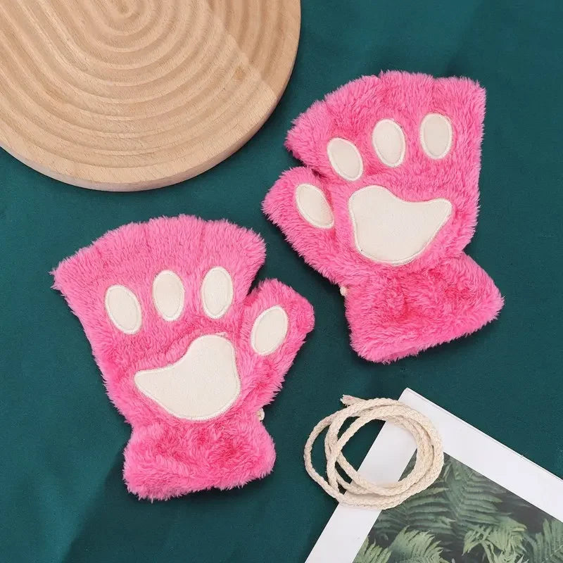 Lbsfy 1Pair Winter Gloves Women Bear Plush Cat Paw Claw Cute Kitten Fingerless Mittens Christmas Halloween for Girls Gift Gloves