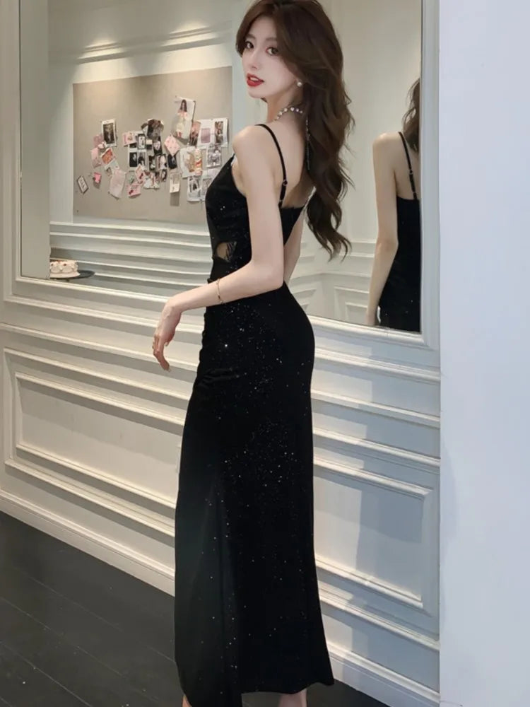 LBSFY -Sexy Evening Dresses Sleeveless V-Neck Spaghetti Straps Casual Women's Dress Elegant Gowns Split Slim Prom Black Vestidos Robe