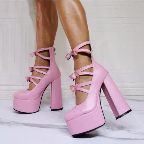 LBSFY  -  Cute Girls Pink Leather Bow Ties Round Toe Thick Bottom Mary Jane Shoes Woman Retro Chunky Heels Hollow Cuts Out Muller Pumps