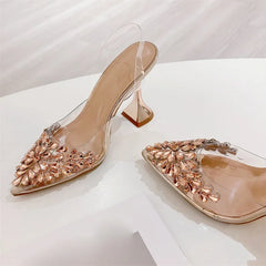 LBSFY -Street Style PVC Transparent CRYSTAL Pointed Toe Women Pumps Elegant Slingback Thin High Heels Banquet Party Shoes