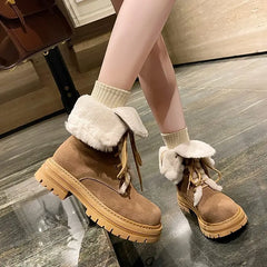 LBSFY  -  Cow Suede Leather Boots Women Lace Up Platform Thick Fur Warm Winter Snow Boots Ladies Fashion Ankle Boots Shoes