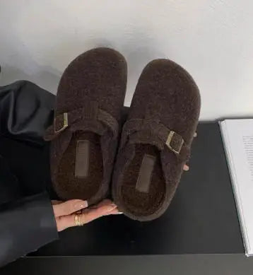 LBSFY -Fashion Women Slippers Mules Fur Women Shoes Winter Buckle Flats Platform Walking Plush Ladies Slides Casual Warm Indoor Boots