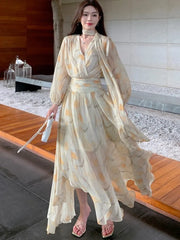 LBSFY -Elegant V-neck Puff Sleeve Yellow Floral Dress Y2K Women Chiffon Waist-fitted Slim Long Dresses Korean Femme Clothings Summer