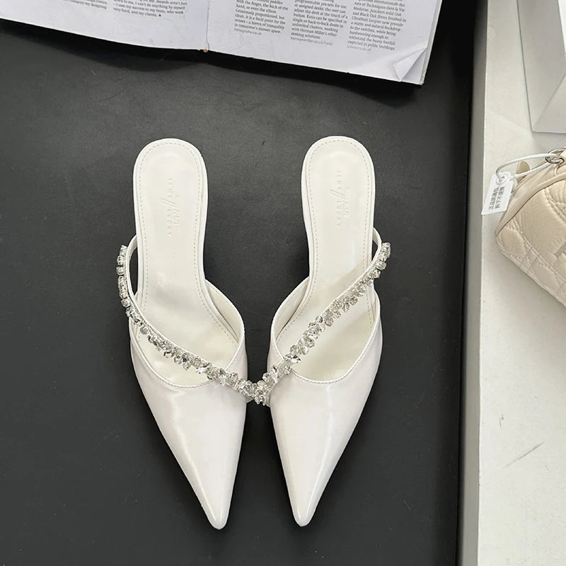 LBSFY  Summer Women's Fashion Crystal Mules Slippers Elegant Cover Toe Dress Slides Ladies Dancing Party High Heel Shoes