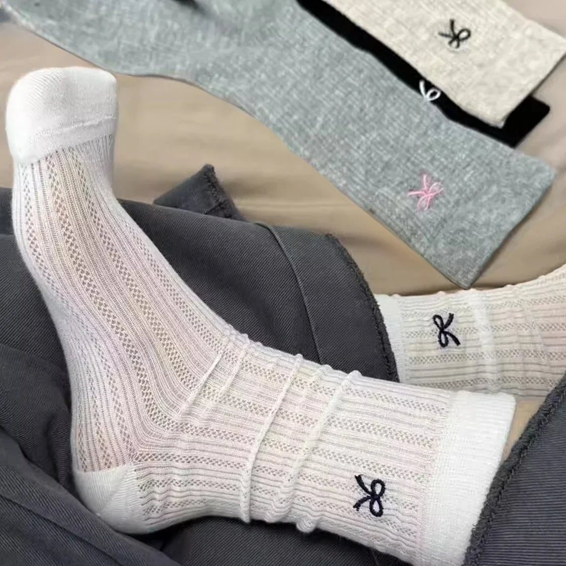 Lbsfy Lolita Sweet Lace Pink Bow Long Socks Women Girls Summer Hollow Out Sock Casual Crew Loose Sox Mid-tube Stockings Streetwears