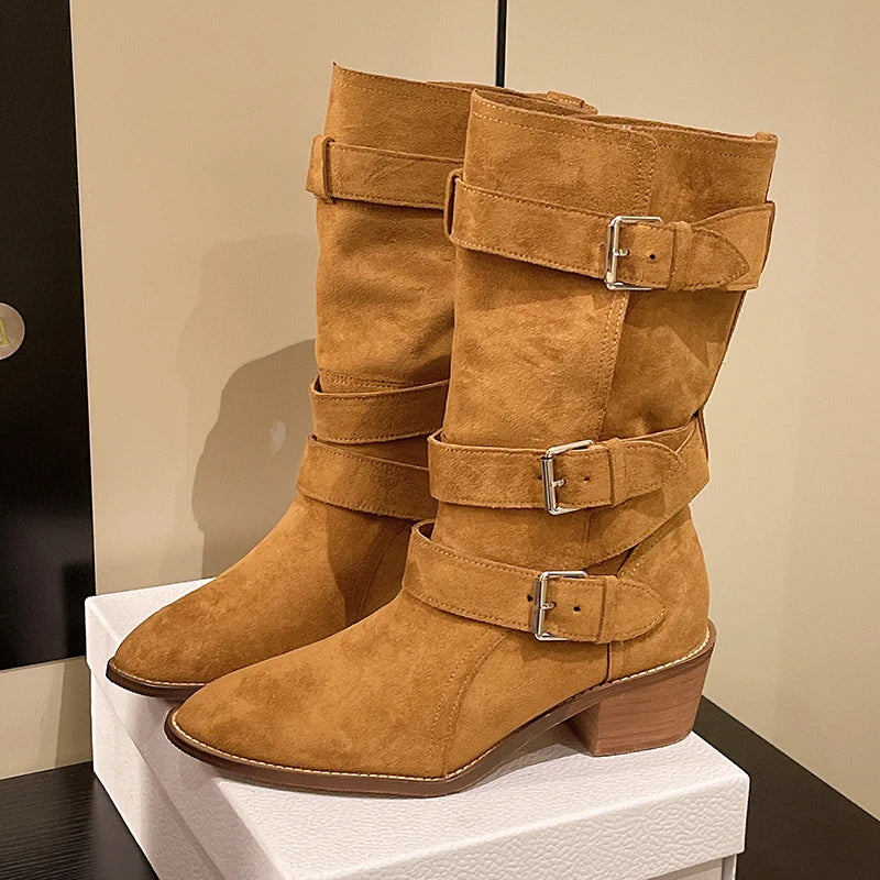 LBSFY -New Style Fashion Women's Apricot Low Heel Suede Ankle Boots for Women Western Cowboy Boots Side Zip Short Boots Zapatos Mujer