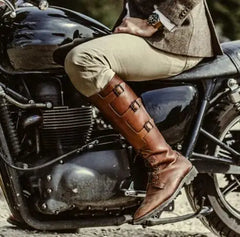 LBSFY  -  Men's Fashion Brown Black Coffee Solid Color Round Toe Belt Buckles Lace Up Flat Knee High Boots Male Cross Tied Motorcycle Shoe
