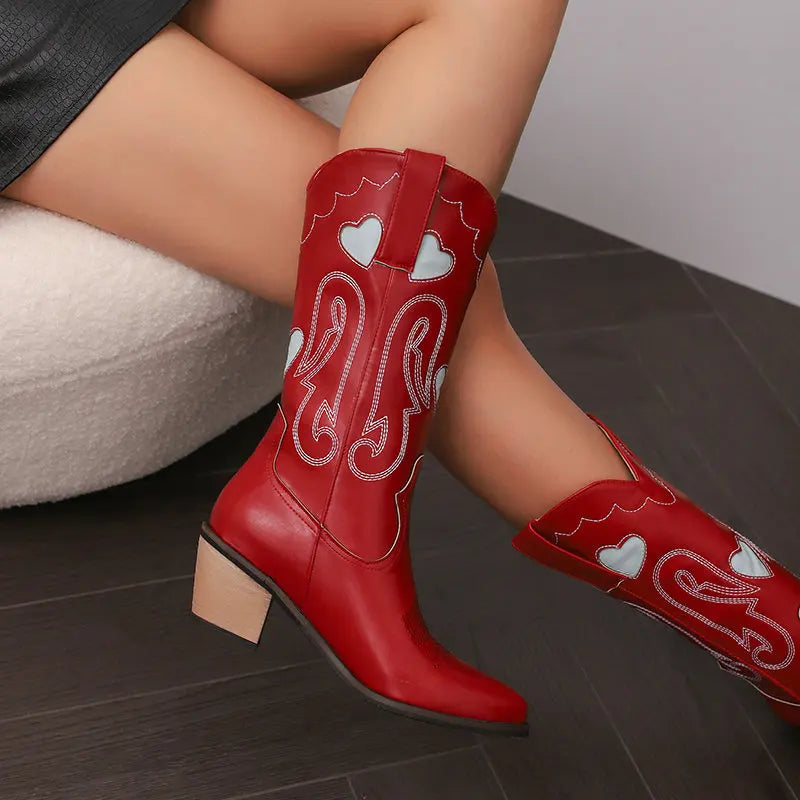 LBSFY  -  White Cowboy Boots Festival Women Mid Calf Chunky Heel Heart Embroidered Western Cowgirl Shoes