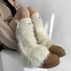 Lbsfy White Imitation Mink Leggings Women Furry Leg Warmers Y2k Boots Cover Lolita Boots Stocking Winter Warm Thickened Harajuku Socks