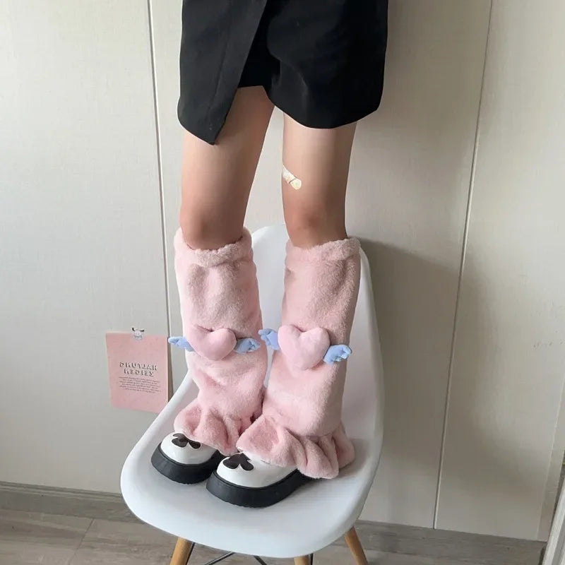 Lbsfy Sweet Pink Bow Tie Leg Warmers Kawaii Japanese Plush Fur Leg Winter Warm Y2K Leg Covers Harajuku Bow Boot Cuffs JK Lolita Sock