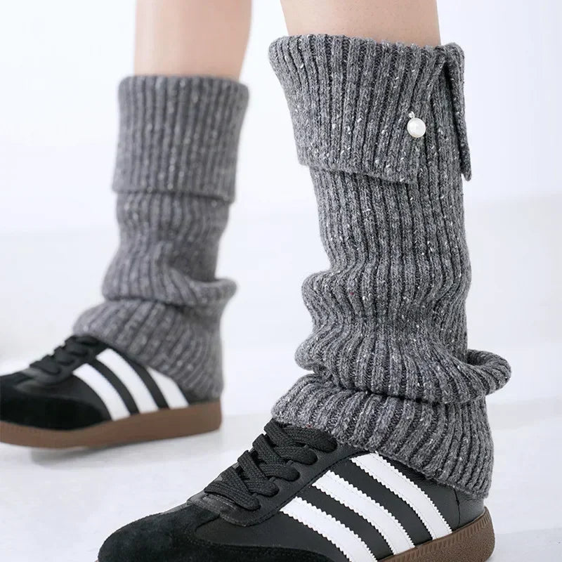 Lbsfy Korea Women Pearl Button Wool Knitted Ankle Covers Leggings Socks Leg Warmers Winter Thickened Calf Socks Harajuku Leg Covers