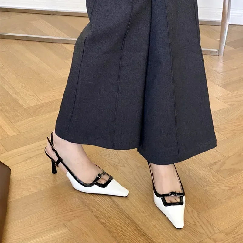 Lbsfy New Pointed Toe Mules Pumps Women Summer Square Toe Slingback High Heels Women Buckle Elegant Designer Dress Sandals Female