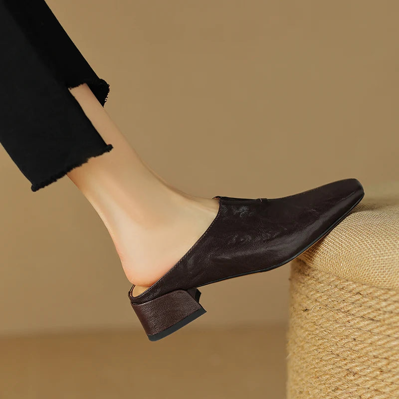 LBSFY  -  2024 Office Lady Casual Women Pumps Mules Square Toe Thick Heels Slippers Genuine Leather Sandals Shoes Woman Concise Fashion