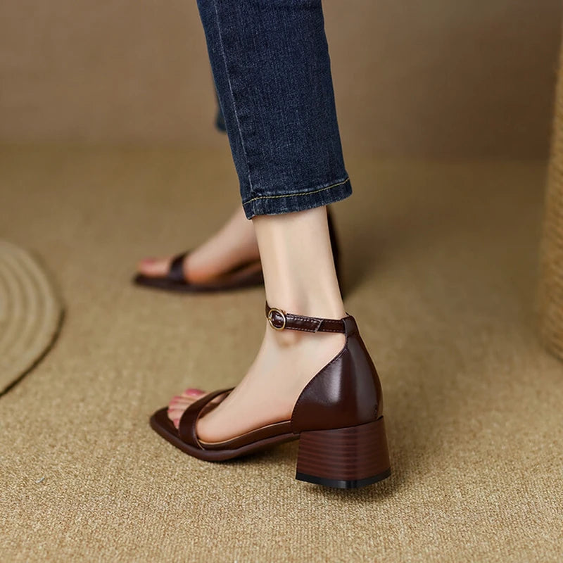 LBSFY  -   Summer Women Sandals Split Leather Cover Heel Shoes Open Toe Chunky Heel Sandals High Heel Shoes Women Solid Female Sandals