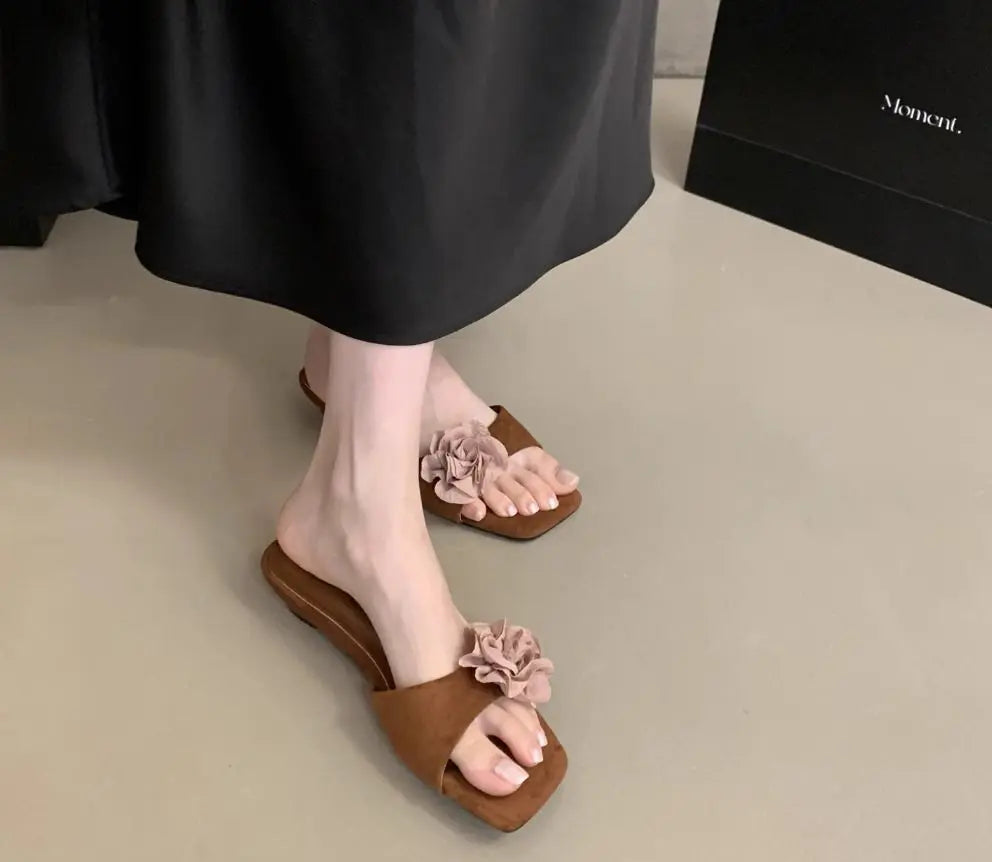 LBSFY -Women French Flowers Slippers Summer Slides Open Toe Flat Casual Shoes Leisure Sandal Female Vacation Beach Flip Flops