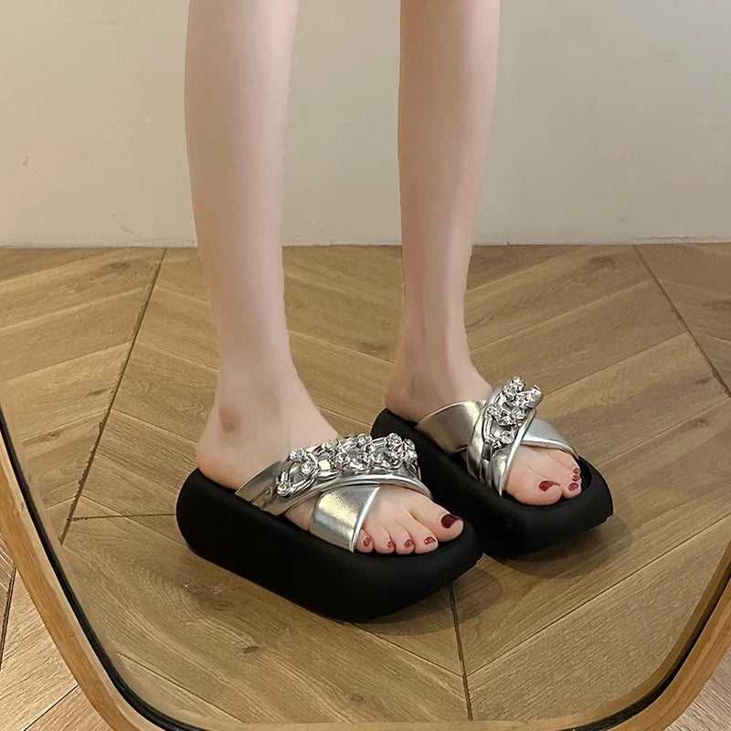 LBSFY  -  2024 Summer Chunky Women Slippers Fashion Metal Decoration Ladies Outdoor Platform Bottom Slides Female Rome Style Shoes