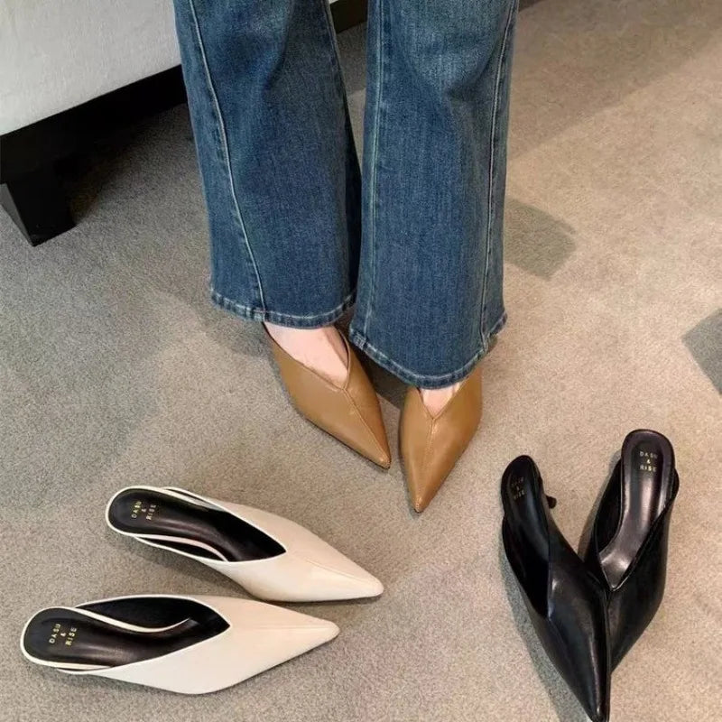 LBSFY - Spring New Brand  Women Slipper Pointed Toe Slip on Ladies Mules Thin Low Heel Outdoor Dress Sandal Shoes