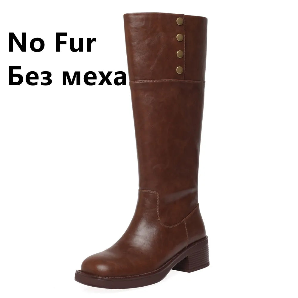 LBSFY  -  Vintage Women Knee-High Boots Genuine Leather Thick Heels Shoes Woman Basic Office Lady Autumn Winter High Boots Retro