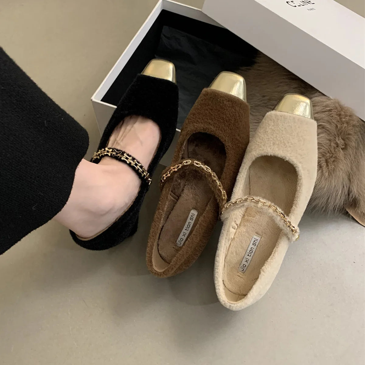 LBSFY  - Winter New Women's Shoes French Thick Heels Mary Jane Single Shoes Women's Plush Shoes Wearing Velvet Cotton Shoes Outside