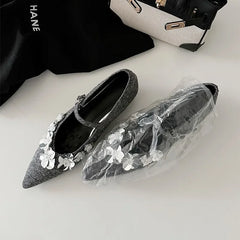 LBSFY -2025 New Style Japanese Bright Sequin Flower Embellished Mary Jane Women's Shoes French Style Increased Height Pointed Toe Singl