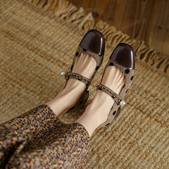 LBSFY  -   New Mary Jane Women Shoes LEISURE Retro Buckle Shallow Pumps Square Toe Thick Heel Shoes Woman Zapatos De Mujer Spot Pearl