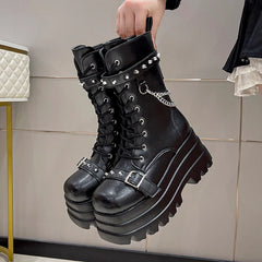 LBSFY  -  Autumn Winte Punk Halloween Witch Cosplay Platform High Wedges Heels Black Gothic Boots Women Shoes Big Size 42 Rivet Shoe