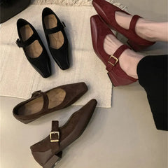 LBSFY  -   Ladies Flat Shoes High Quality Mary Janes Women's Pumps Elegant Dress Pumps Women Square Toe Buckle Strap Low Heel Shoe