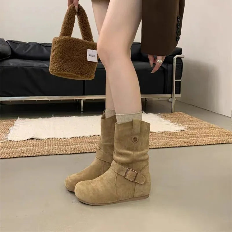 LBSFY -New Style Women's Solid Round Head Chunky Heel Sleeve Western Retro Mid Calf Leather Boots Ladies Retro Platform Cowboy Boots