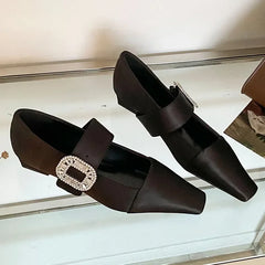 Lbsfy Luxury Silk Designer Women Shoes Crystal Buckle 2025 New Footwear Female Brand Mary Janes Shoes Comfy Low Heel Dress Shoes Women