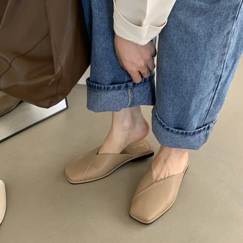 LBSFY -Flat Half Drag Slippers Square Toe Sandals 2025 Spring/Summer Outside Wear Casual Soft Bottom Mules Low Heel Sapatos Femininos
