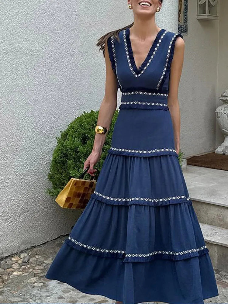 LBSFY  -  Vintage Printed Tassels Spliced Ruffles Women's Dress Fashion Sleeveless V-neck High Waist Vestidos Summer Vavation Female Robes