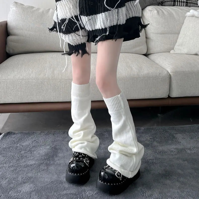 Lbsfy Autumn and Winter New Leg Warmers Woman Solid Color Striped Thick Knitted Leg Warmers Buttons Slit Warm Socks for Women