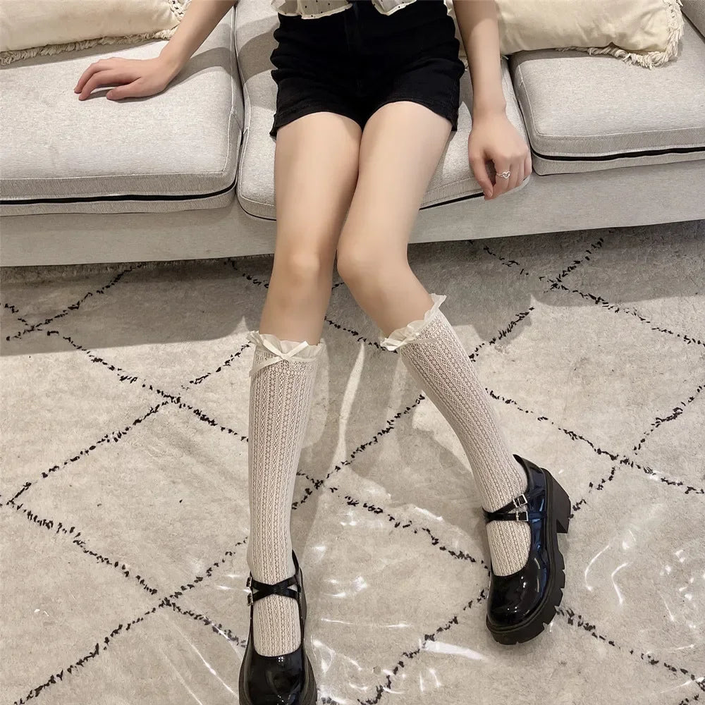 Lbsfy Japanese Retro Women Stockings Ruffle Long Socks Lolita Style White Lace Knee High Sock Sweet Girls Cute Bow Thigh High Stocking