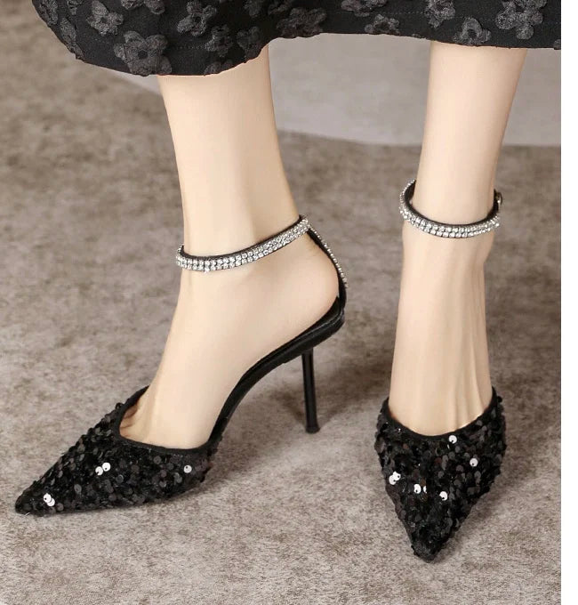 LBSFY  -  Sequin Baotou Sandals for Women's 2024 Summer New Sequin High Heel Pointed Thin Heel Silver Single Shoes Banquet Shoes