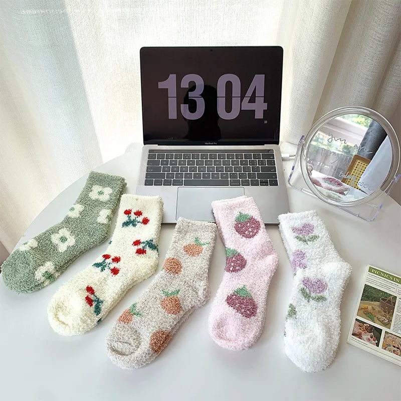 Lbsfy Women Socks Kawaii Cute Strawberry Cherry Flowers Winter Thicken Warm Soft Coral Fleece Thermal Homewear Floor Sleeping Socks