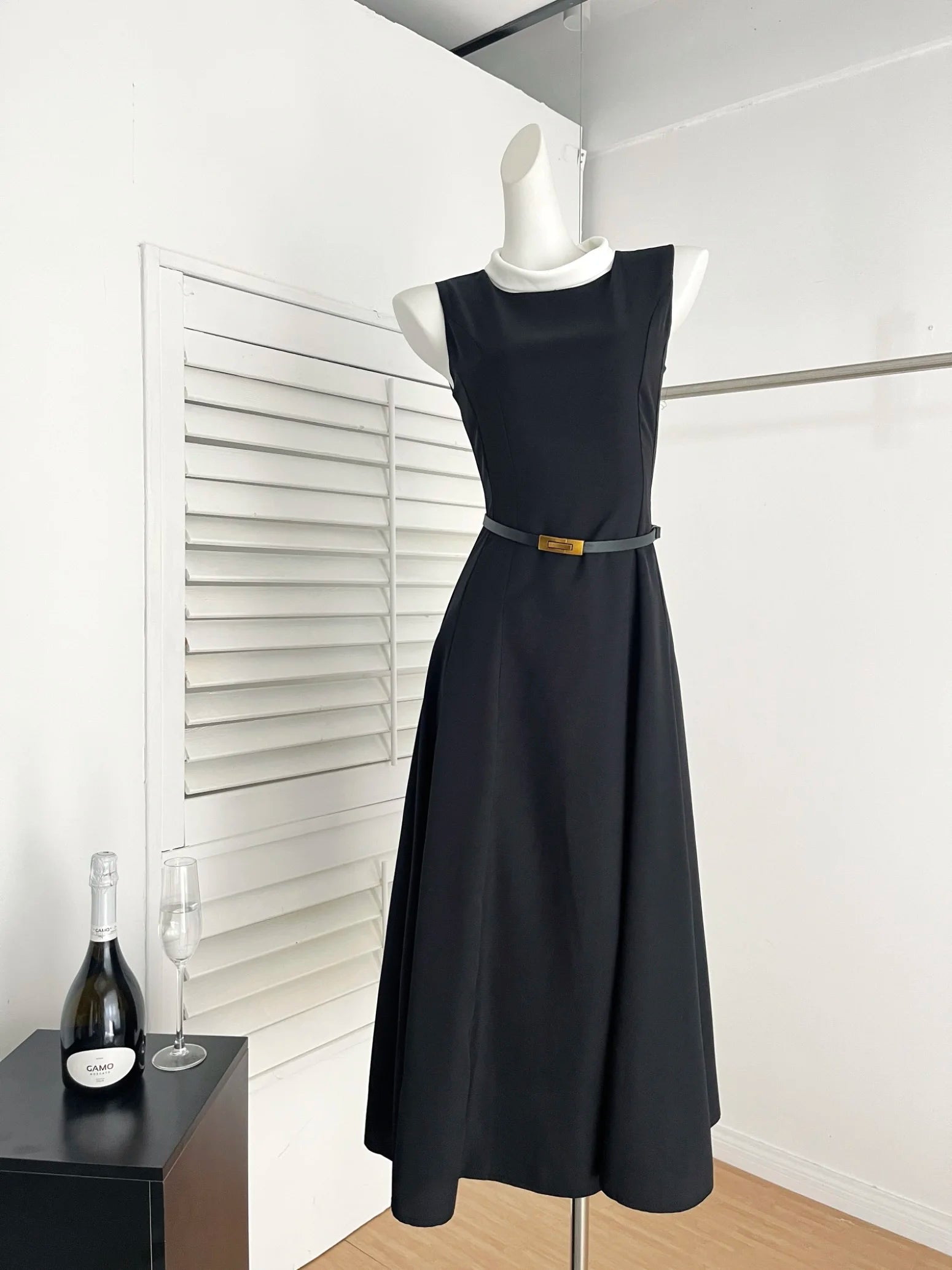 LBSFY -Vintage Elegant French Women's Prom Long Dresses Chic O-Neck A-Line Sleeveless Black White Patchwork Dress Party Evening Vestido