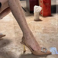 LBSFY  -  Nude colored pointed high heels, new French style socialite real leather bun toe thin heels, back hollow rhinestone sandals