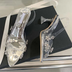 LBSFY -Sexy PVC Transparent Crystal Diamond Flower Woman Pumps Elegant Slingbacks Pointed Toe High Heels Party Shoes