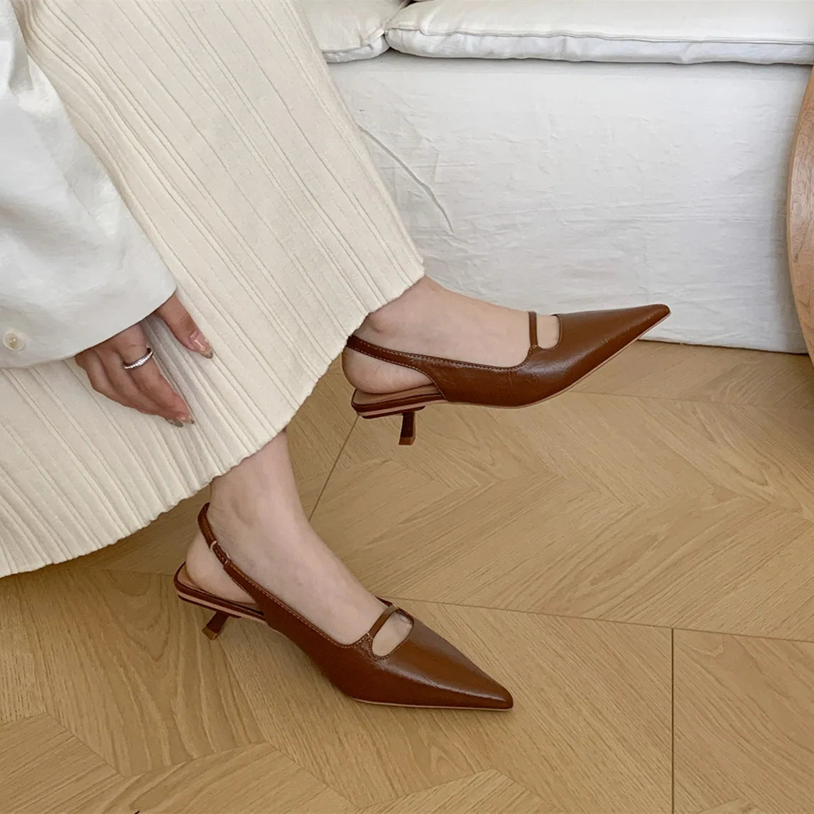 LBSFY -Brand Women Sandals Fashion Pointed Toe Shallow Slip On Slingback Shoes Thin Med Heel Outdoor Dress Shoes Mujer
